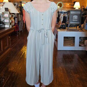 Jumpsuit Light Green With White Stripes Short Sleeve Tie